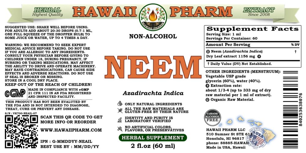 Neem Alcohol-Free Liquid Extract - Organic Neem (Azadirachta Indica) Dried Leaf Glycerite - Hawaii Pharm USA 2 fl.oz