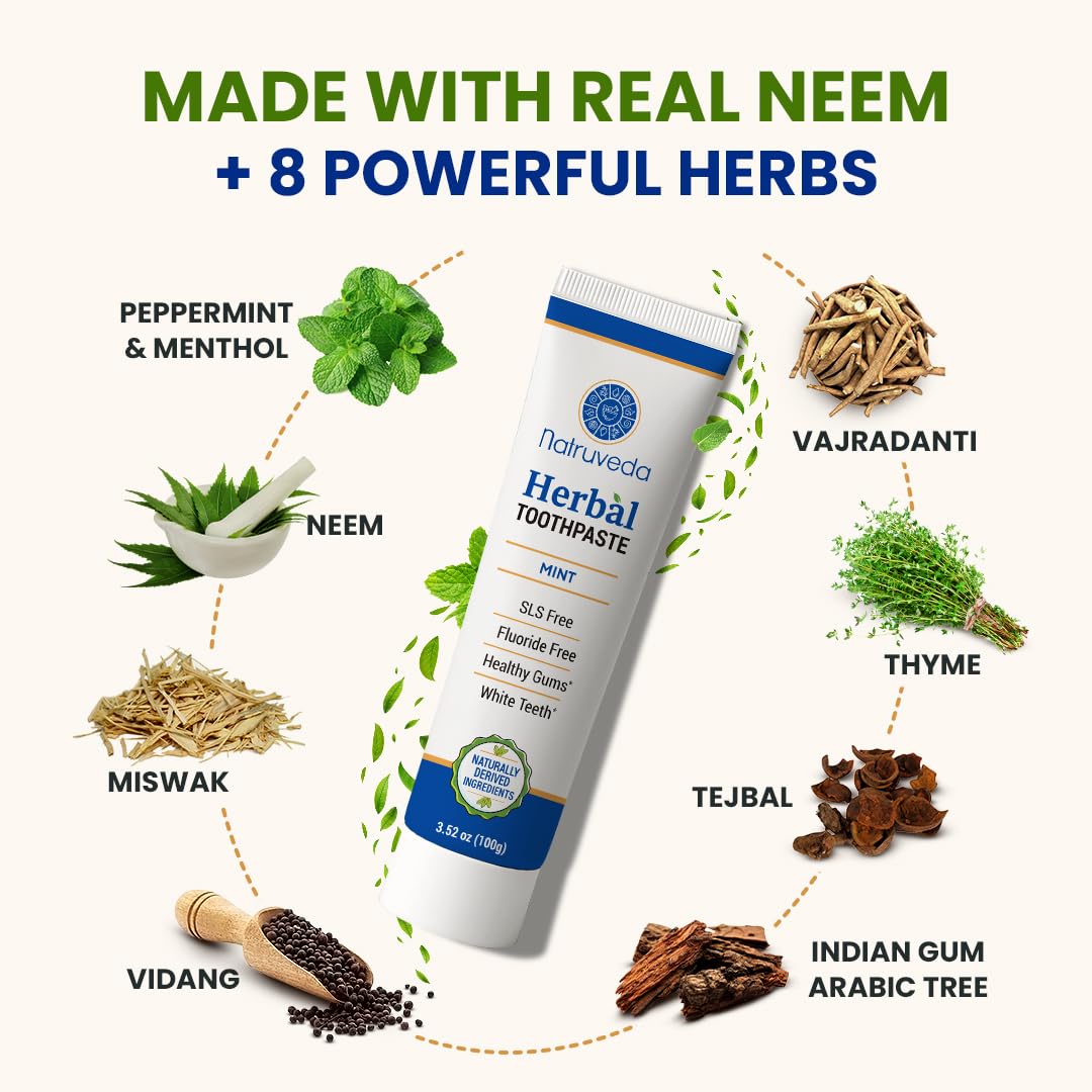 Natruveda Neem Herbal Toothpaste with Copper Tongue Scraper - Fluoride Free, Ayurvedic Oral Care