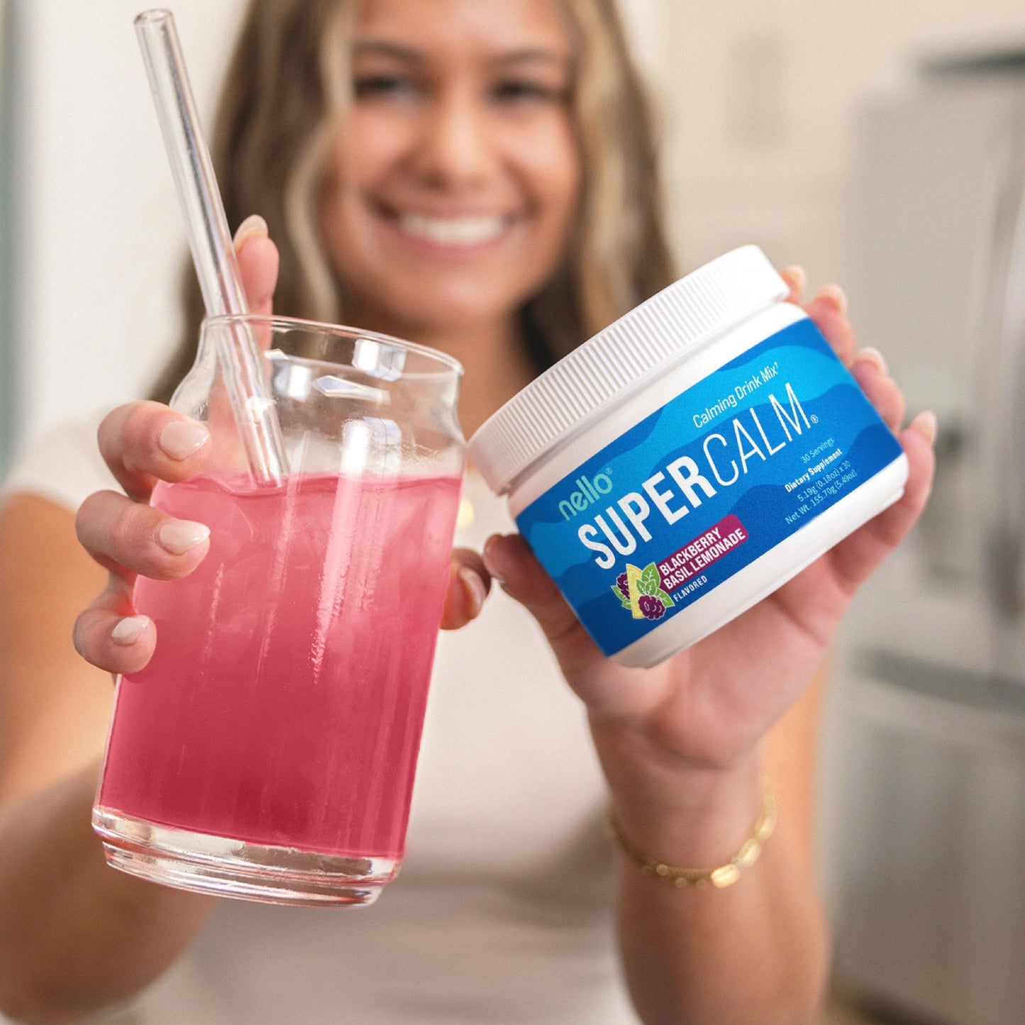 Nello SuperCalm Powdered Drink Mix Tub - Cortisol Reducer* & Sleep Aid - L Theanine, KSM-66 Ashwagandha, Magnesium Glycinate, Vitamin D3 - No Sugar, Non GMO - 30 Servings - BlackBerry Basil