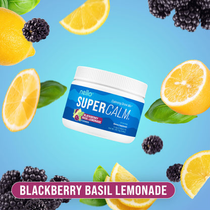 Nello SuperCalm Powdered Drink Mix Tub - Cortisol Reducer* & Sleep Aid - L Theanine, KSM-66 Ashwagandha, Magnesium Glycinate, Vitamin D3 - No Sugar, Non GMO - 30 Servings - BlackBerry Basil