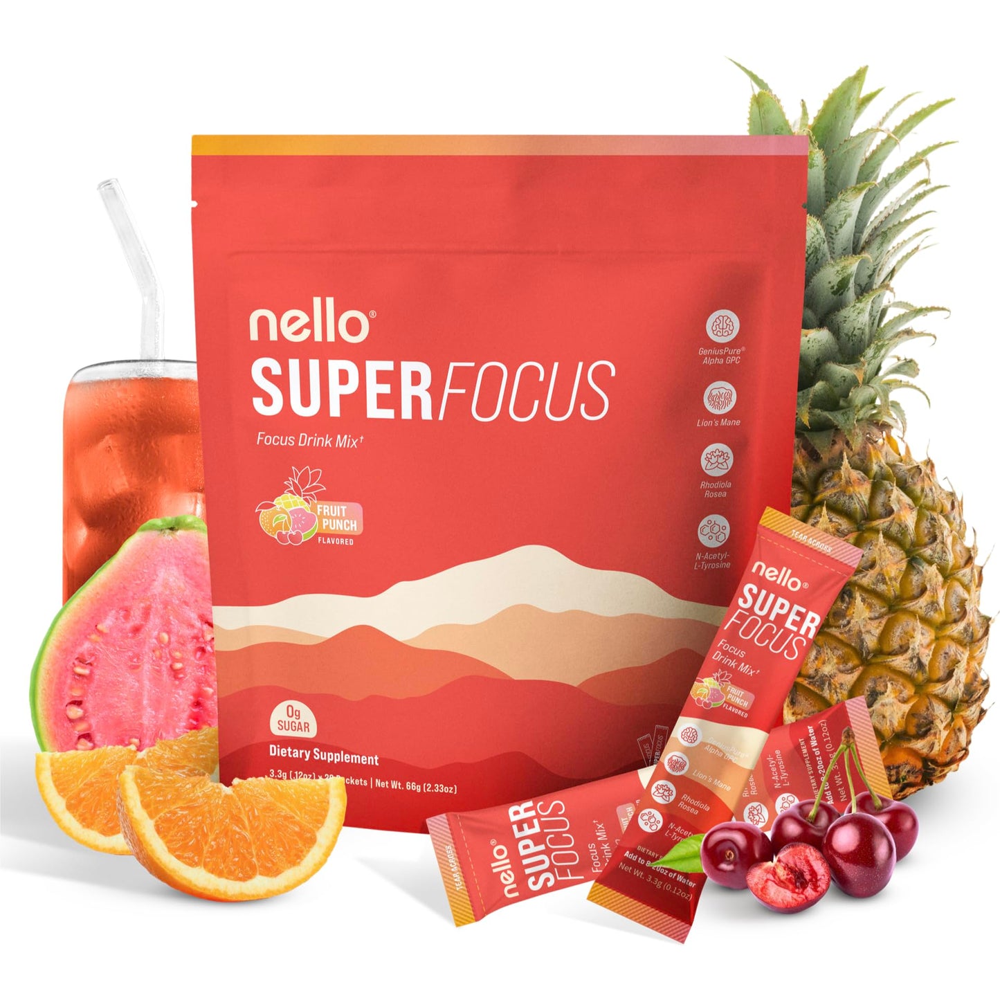 Nello Superfocus Drink Mix – Fruit Punch, Sugar-Free, On-The-Go Packets