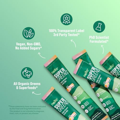 Nello Supergreens Premium Greens Drink Mix with Chlorella, Moringa, Spinach & Probiotics – Orange Travel Pack (20 Servings)