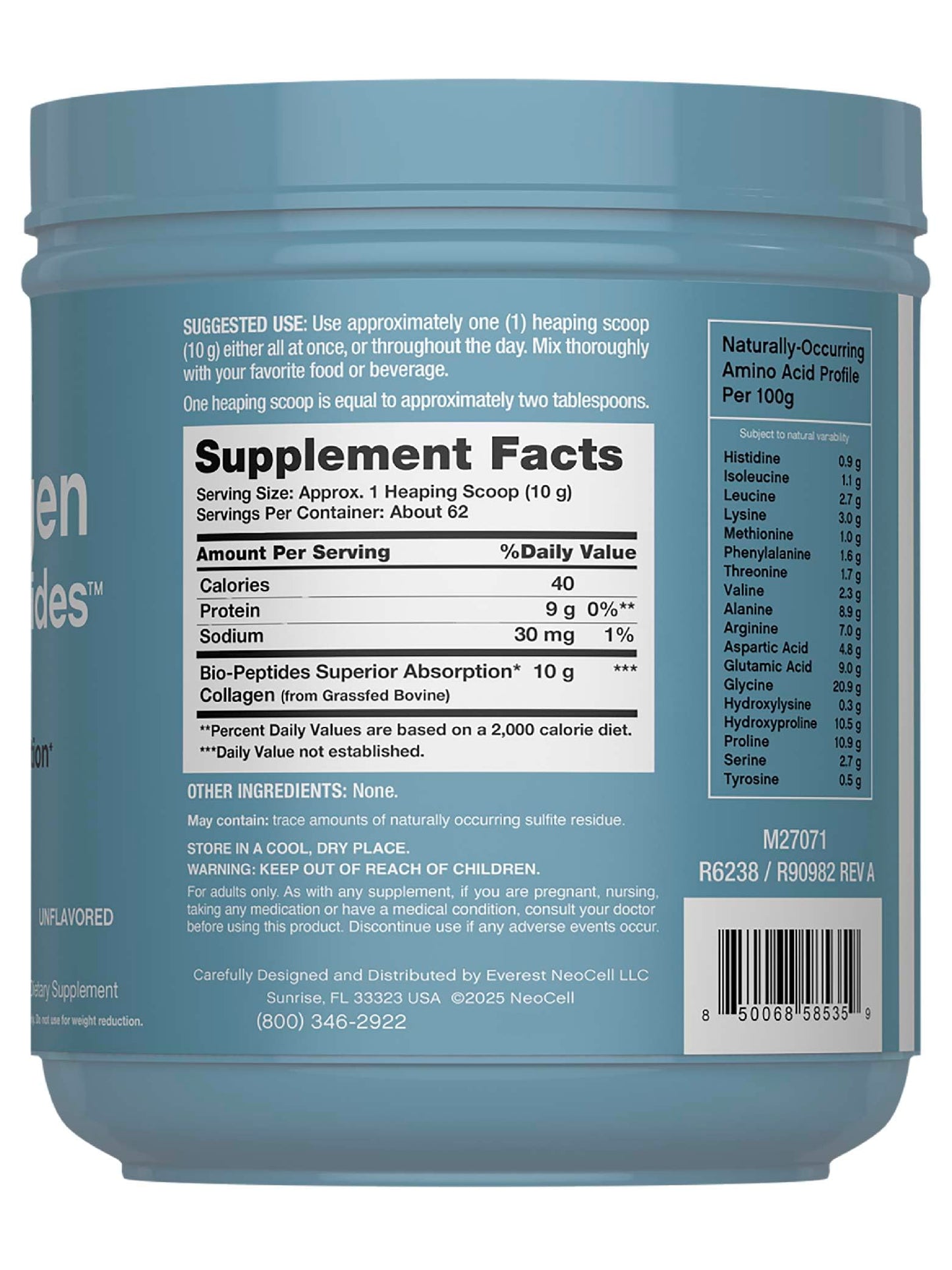NeoCell Collagen Bio-Peptides Powder 22oz – Grass-Fed, Superior Absorption