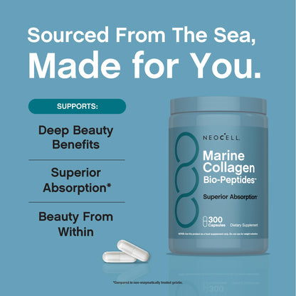 NeoCell Marine Collagen Peptides Capsules | 300 Pills | Hyaluronic Acid + Vitamin C