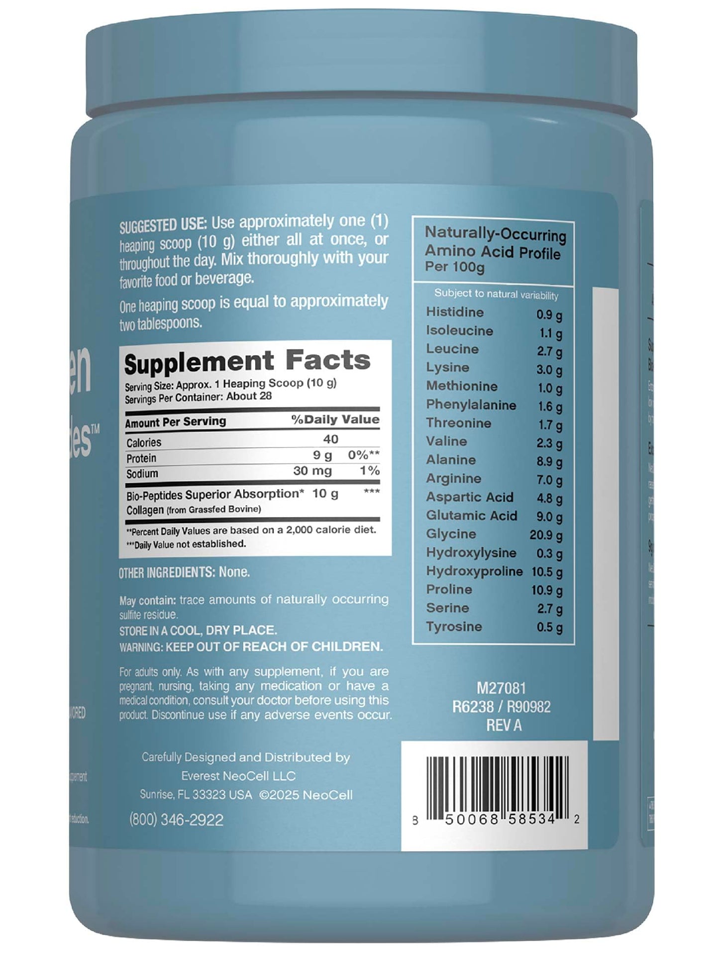 NeoCell Collagen Bio-Peptides Powder - 10oz | Grass-Fed, 18 Essential Amino Acids