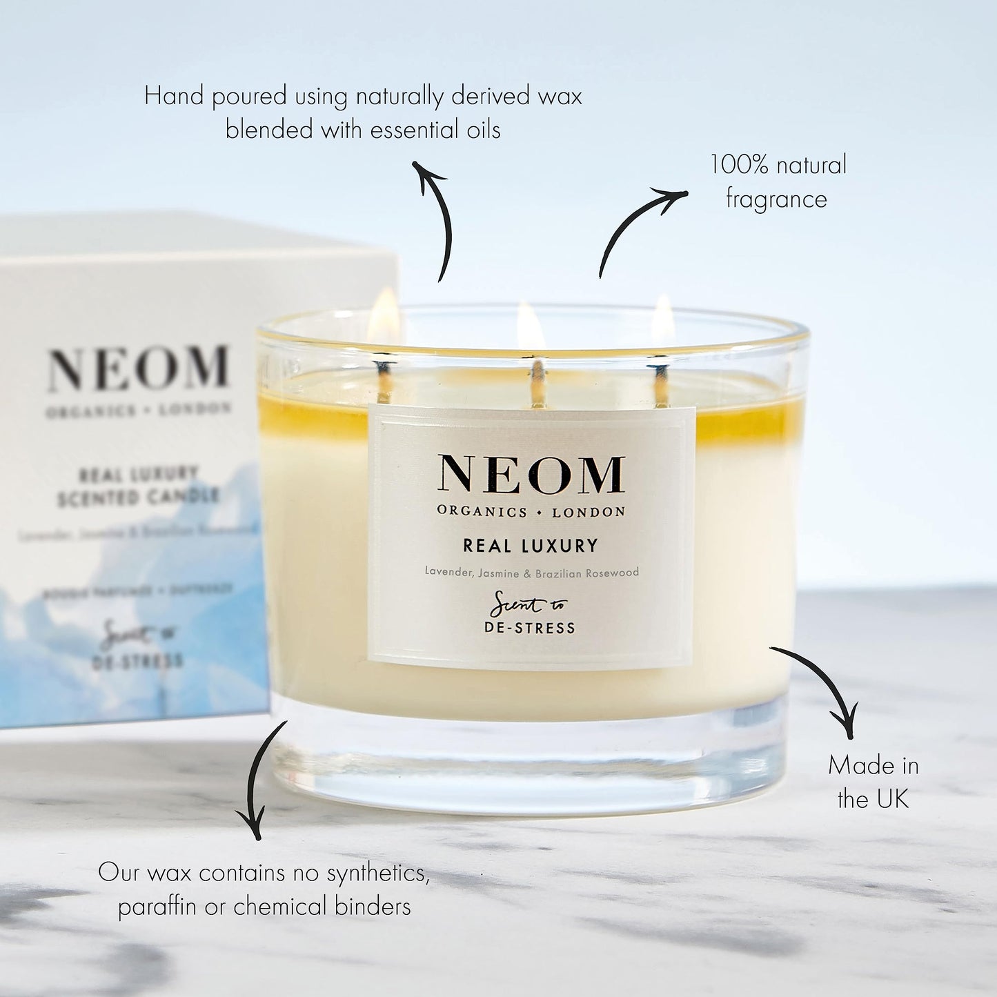 NEOM 3 Wick Candle – Lavender, Jasmine & Sandalwood | Luxury Aromatherapy & De-Stress Scent