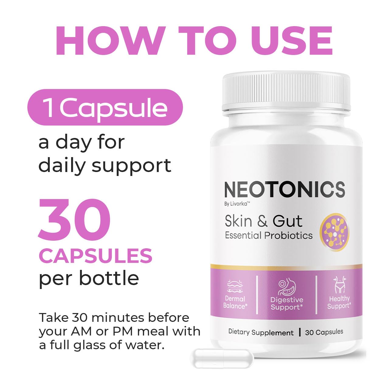 Neotonics Capsules – Official Skin & Gut Probiotics, 30-Capsule 1-Month Formula