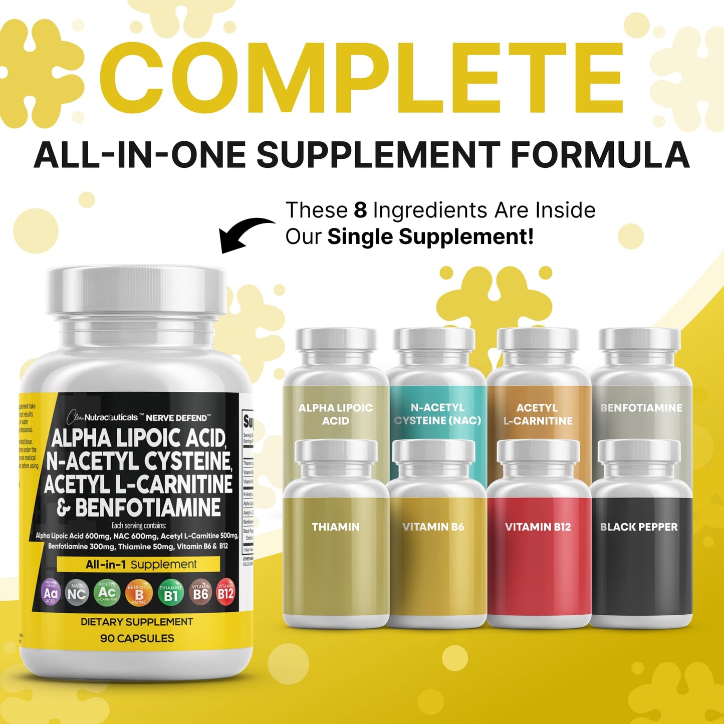 Alpha Lipoic Acid 600mg NAC 600mg Acetyl L-Carnitine 500mg Benfotiamine 300mg – Nerve Support Supplement (Made in USA) 90 Caps