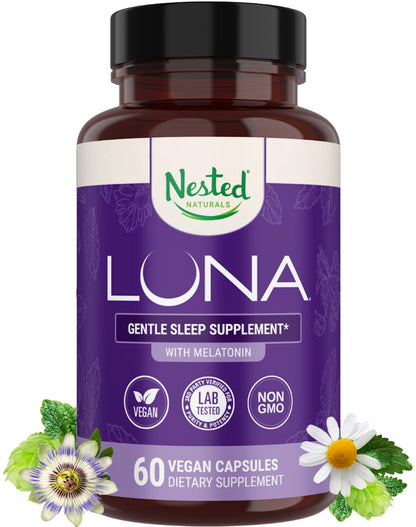 Nested Naturals Luna Sleep Aid - Non-Habit Forming Sleep Support with Valerian, Melatonin, Chamomile & More - 60 Vegan Capsules