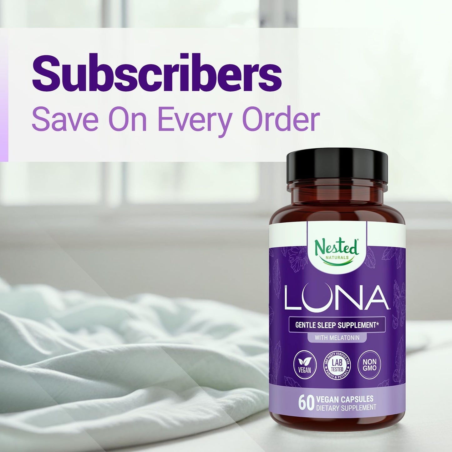 Nested Naturals Luna Sleep Aid - Non-Habit Forming Sleep Support with Valerian, Melatonin, Chamomile & More - 60 Vegan Capsules