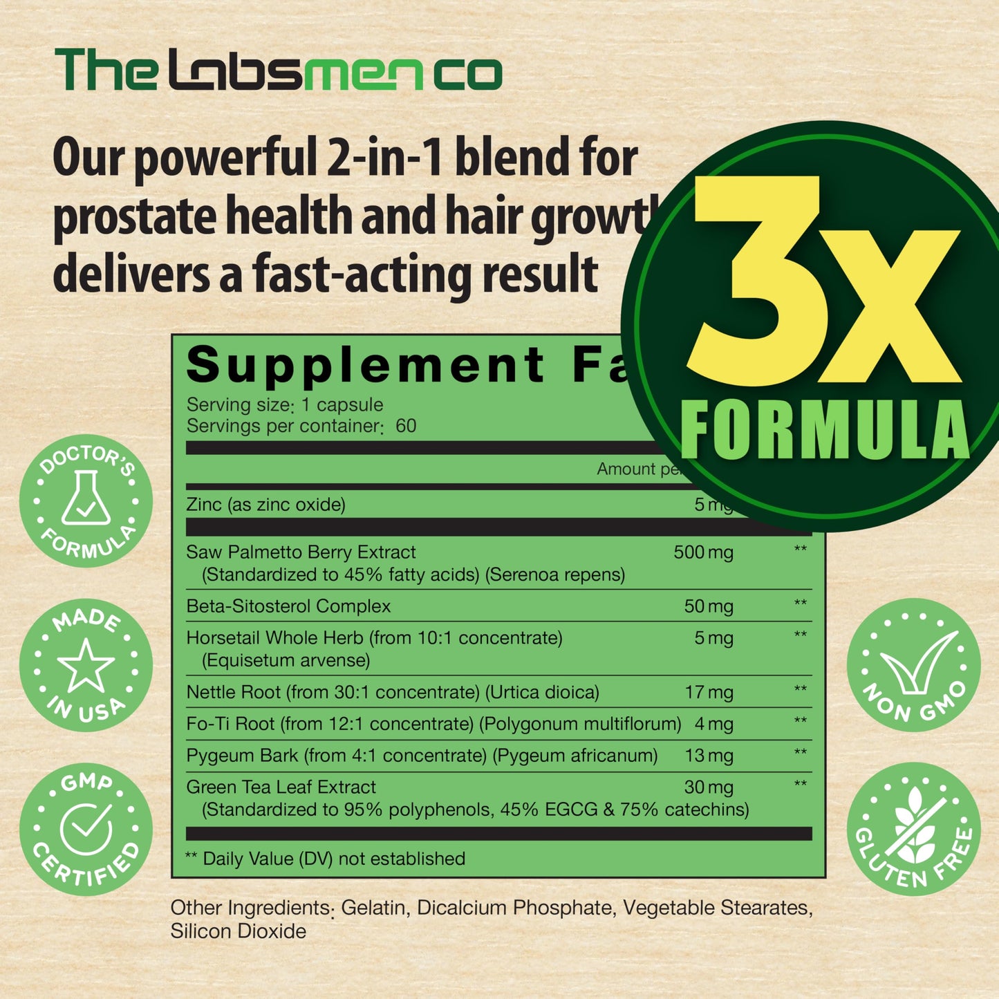3X Formula Prostate Health & Hair Growth for Men – Saw Palmetto, Nighttime Urination Relief | 60 Count