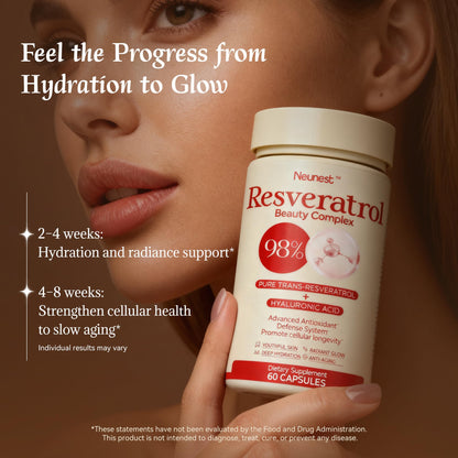 NEUNEST 98% Trans-Resveratrol Supplement for Skin Glow – Collagen, Hyaluronic Acid, Quercetin | 60 Capsules