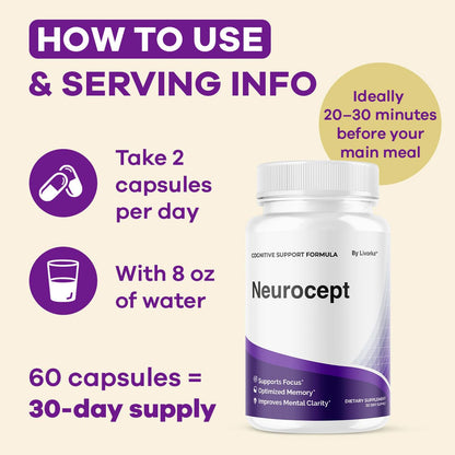 (3 Pack) Neurocept Brain Supplement Capsules – Memory & Focus Support – 180 Capsules (3 Months)