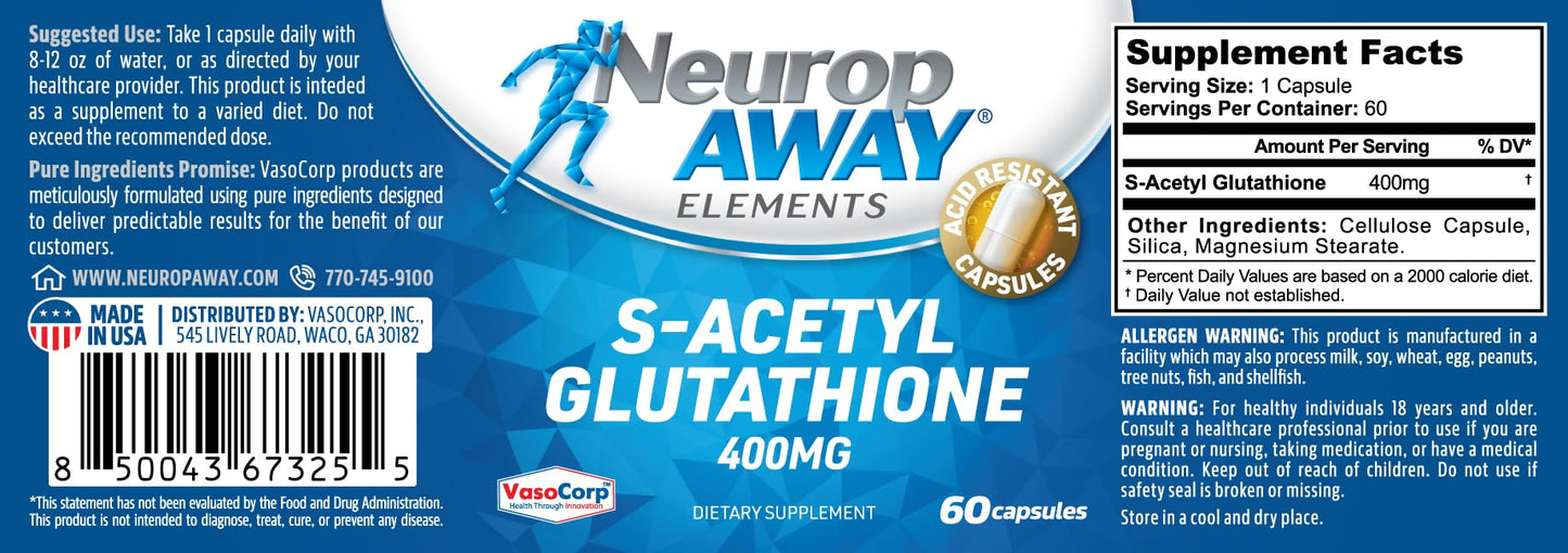 NeuropAWAY Elements S-Acetyl-Glutathione 400mg – Acid-Resistant Capsules, 60ct, CGMP, Third-Party Tested