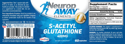 NeuropAWAY Elements S-Acetyl-Glutathione 400mg – Acid-Resistant Capsules, 60ct, CGMP, Third-Party Tested