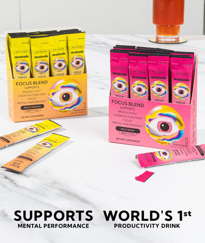 Neutonic Nootropic Focus Blend Powder | Peach Mango & Wild Berry, 32 Sticks | Caffeine Free