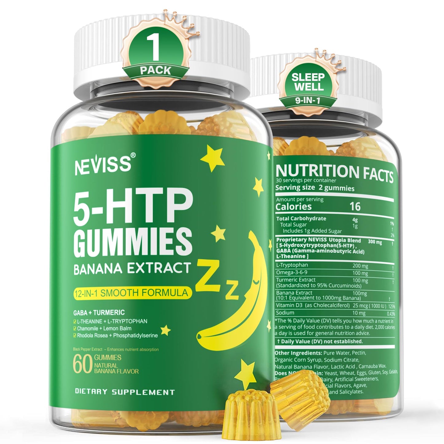 NEVISS 1Pack 5-HTP Gummies + GABA – Melatonin Free, Sleep & Relaxation