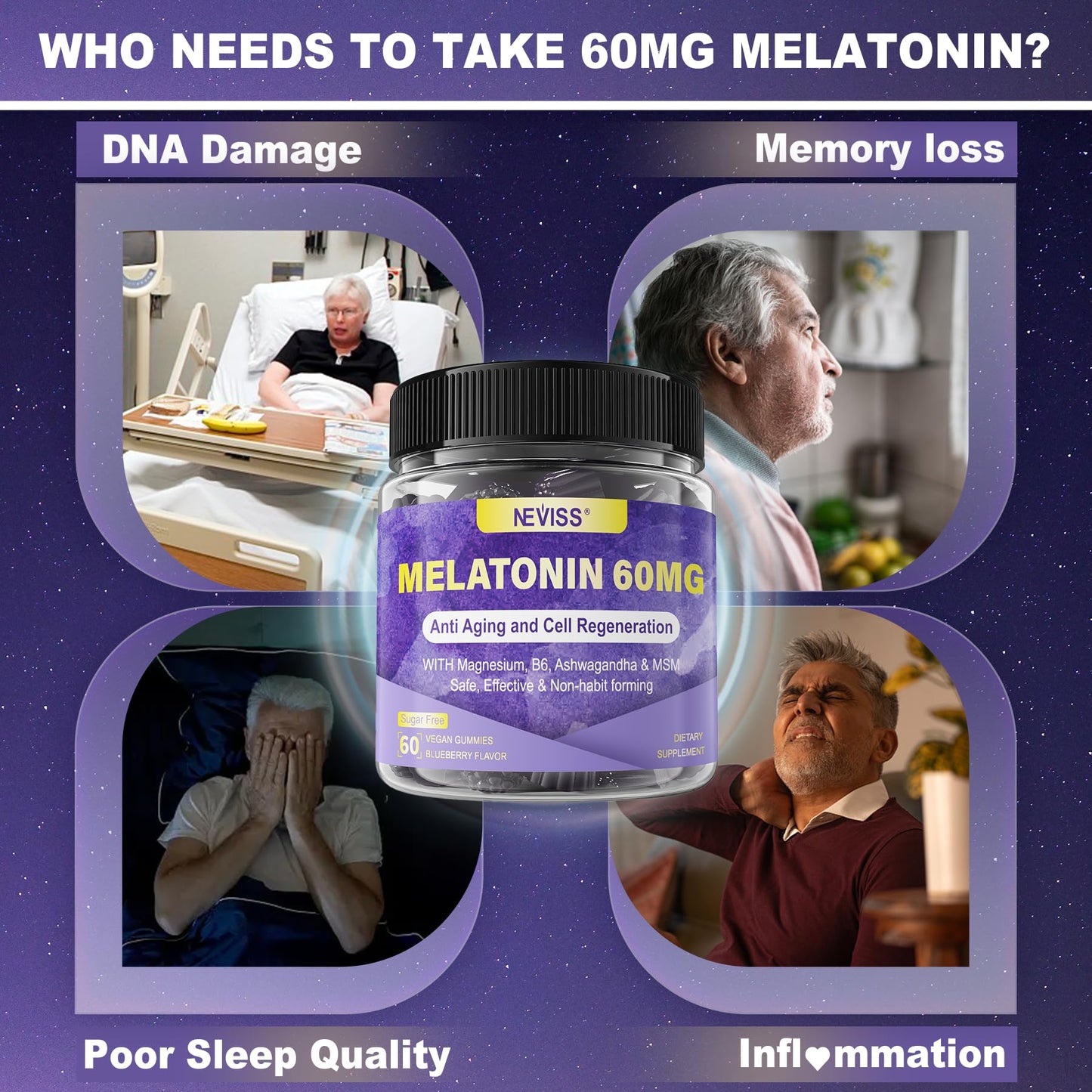 NEVISS Antioxidant Brain Support Melatonin Gummies 60mg for 50+ Adults | Immune & Anti-Aging