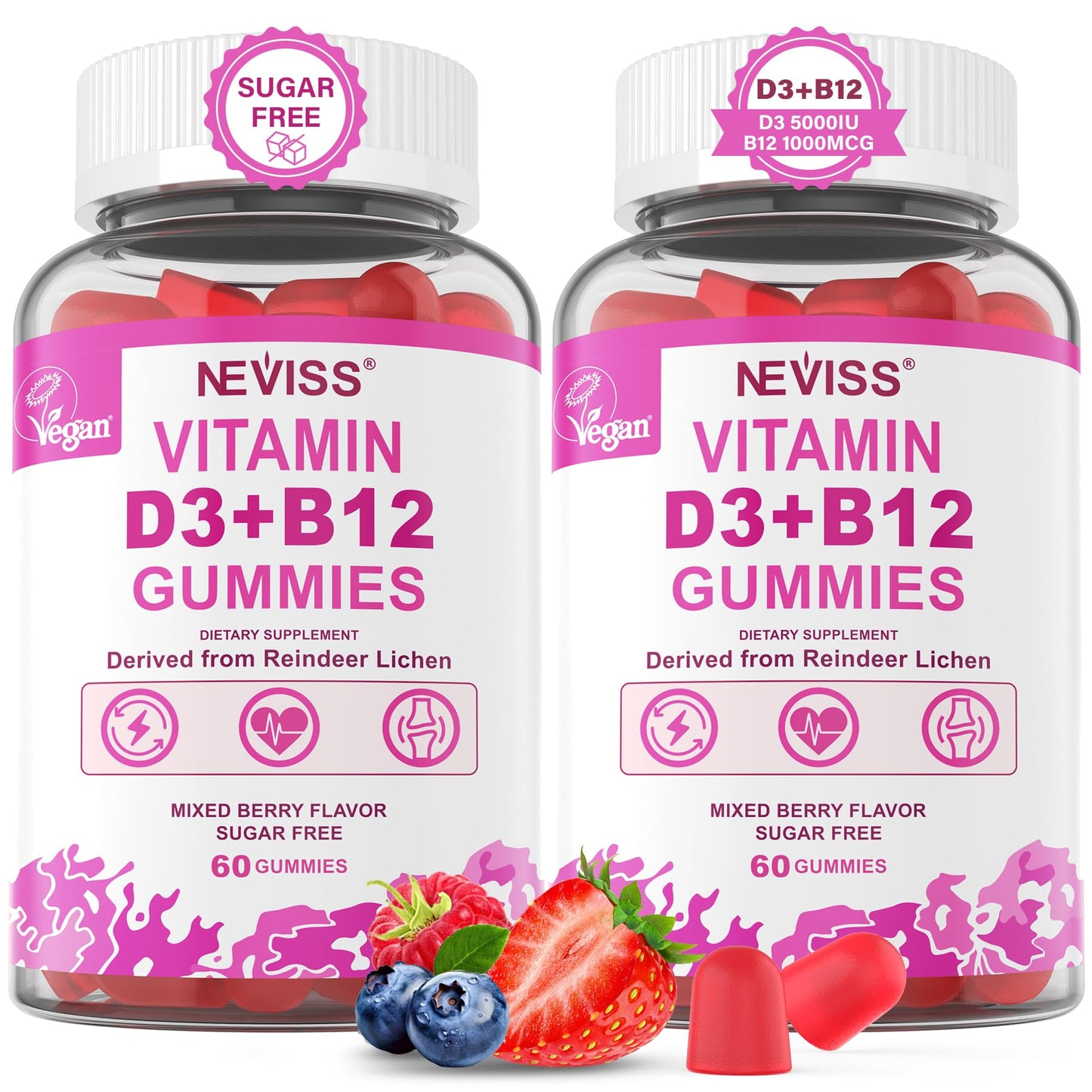 NEVISS Vegan Vitamin D3 + B12 Gummies (2Pack) – 5000 IU D3 & 1000 mcg B12, 120 Count