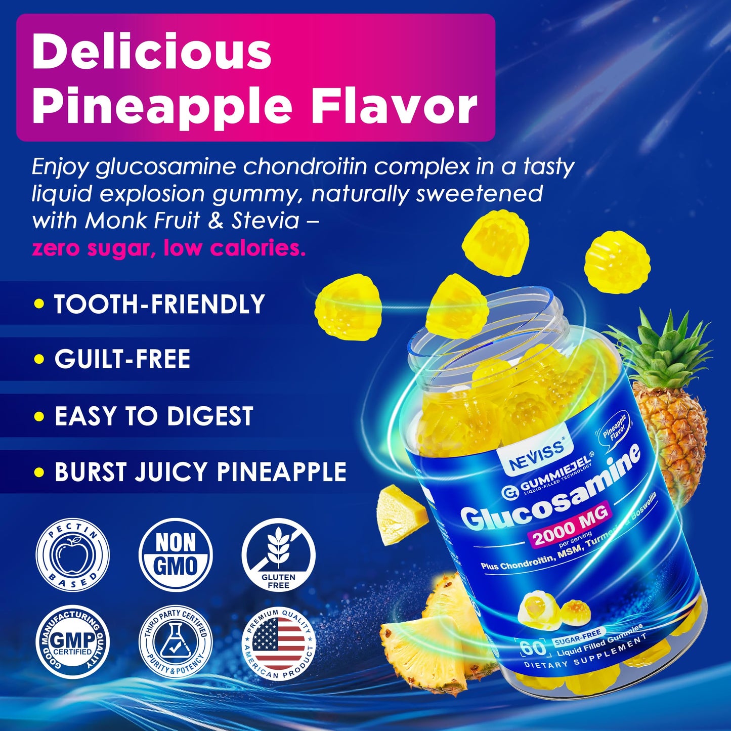 NEVISS Glucosamine 2000mg Gummies – Extra Strength with Chondroitin, MSM, Turmeric, Boswellia, Hyaluronic Acid, Vitamin D3 & Zinc | Pineapple 60 Gummies