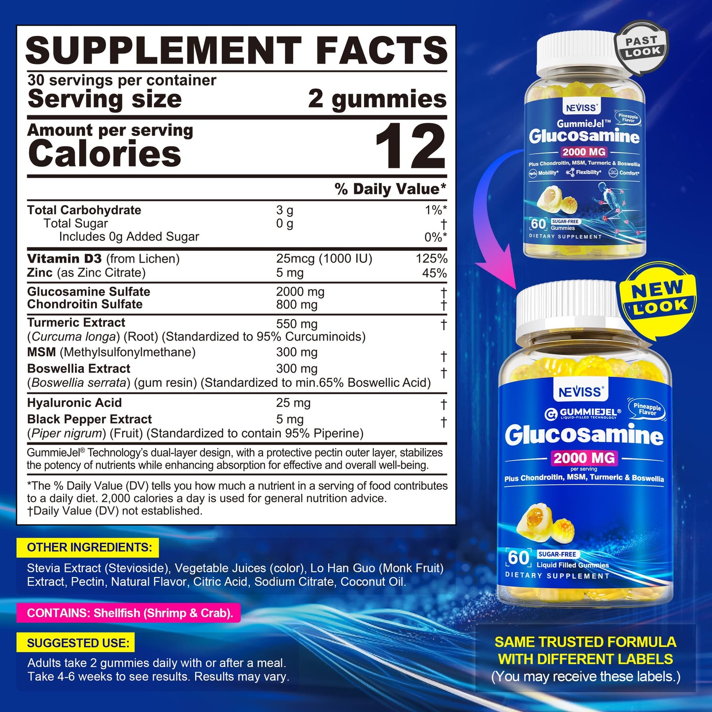 NEVISS Glucosamine 2000mg Gummies – Extra Strength with Chondroitin, MSM, Turmeric, Boswellia, Hyaluronic Acid, Vitamin D3 & Zinc | Pineapple 60 Gummies