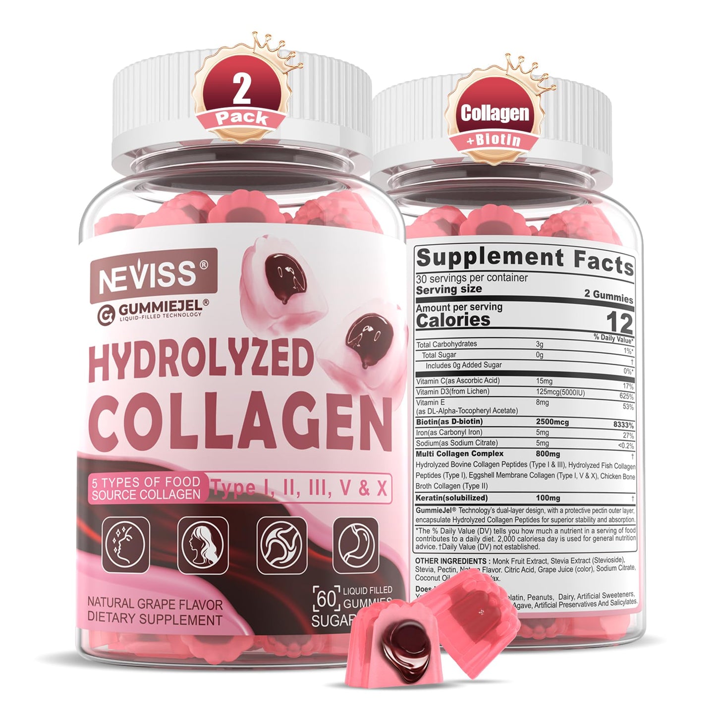 NEVISS Hydrolyzed Collagen Gummies – Multi-Type Collagen I–V & X with Vitamin D3 (120 ct)