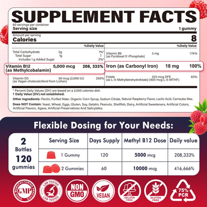 NEVISS Methyl B12 Gummies + Iron 5000 mcg/18 mg – Energy & Focus for Women, 120 Servings
