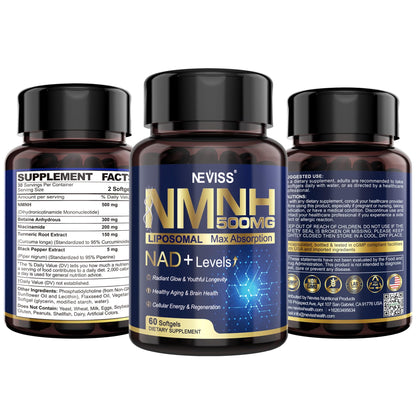 NEVISS NAD+ NMNH Liposomal 500mg – 120 Softgels | Next-Gen NR NMN Supplement Alternative