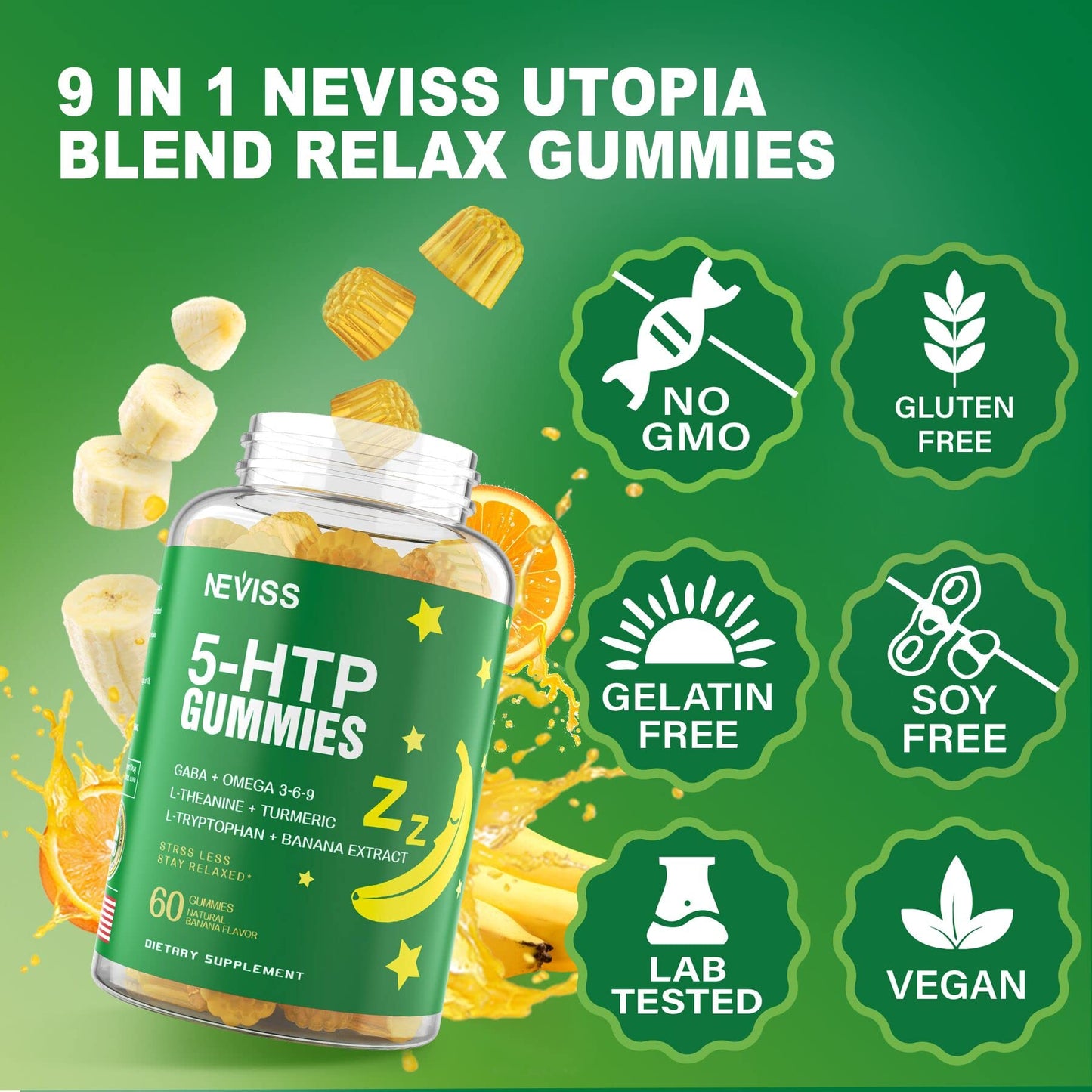NEVISS 1Pack 5-HTP Gummies + GABA – Melatonin Free, Sleep & Relaxation