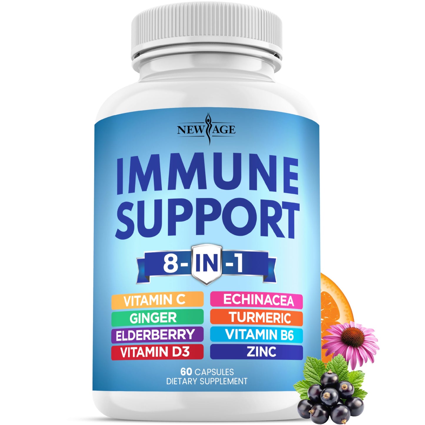 New Age 8-in-1 Immune Support Booster with Echinacea, Vitamin C & Zinc, Vitamin D 5000 IU, Turmeric Curcumin & Ginger, B6, Elderberry – 60 Count