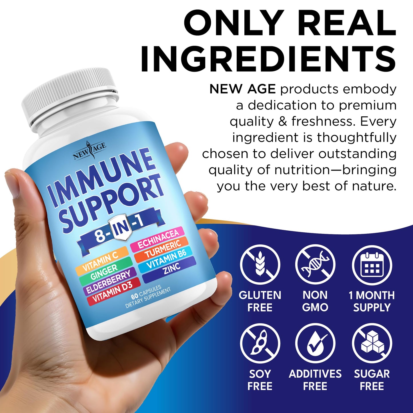 New Age 8-in-1 Immune Support Booster with Echinacea, Vitamin C & Zinc, Vitamin D 5000 IU, Turmeric Curcumin & Ginger, B6, Elderberry – 60 Count
