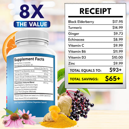 New Age 8-in-1 Immune Support Booster with Echinacea, Vitamin C & Zinc, Vitamin D 5000 IU, Turmeric Curcumin & Ginger, B6, Elderberry – 60 Count