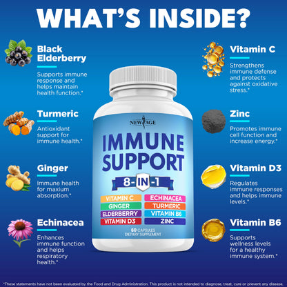 NEW AGE 8 in 1 Immune Support Booster – Vitamin D 5000 IU, Vitamin C 1000 mg, Zinc 50 mg, Elderberry & Echinacea – 180 Capsules (Pack of 3)