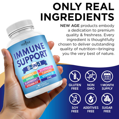 NEW AGE 8-in-1 Immune Support Capsules – Vitamin C, D3, Zinc, Elderberry (Pack of 5)