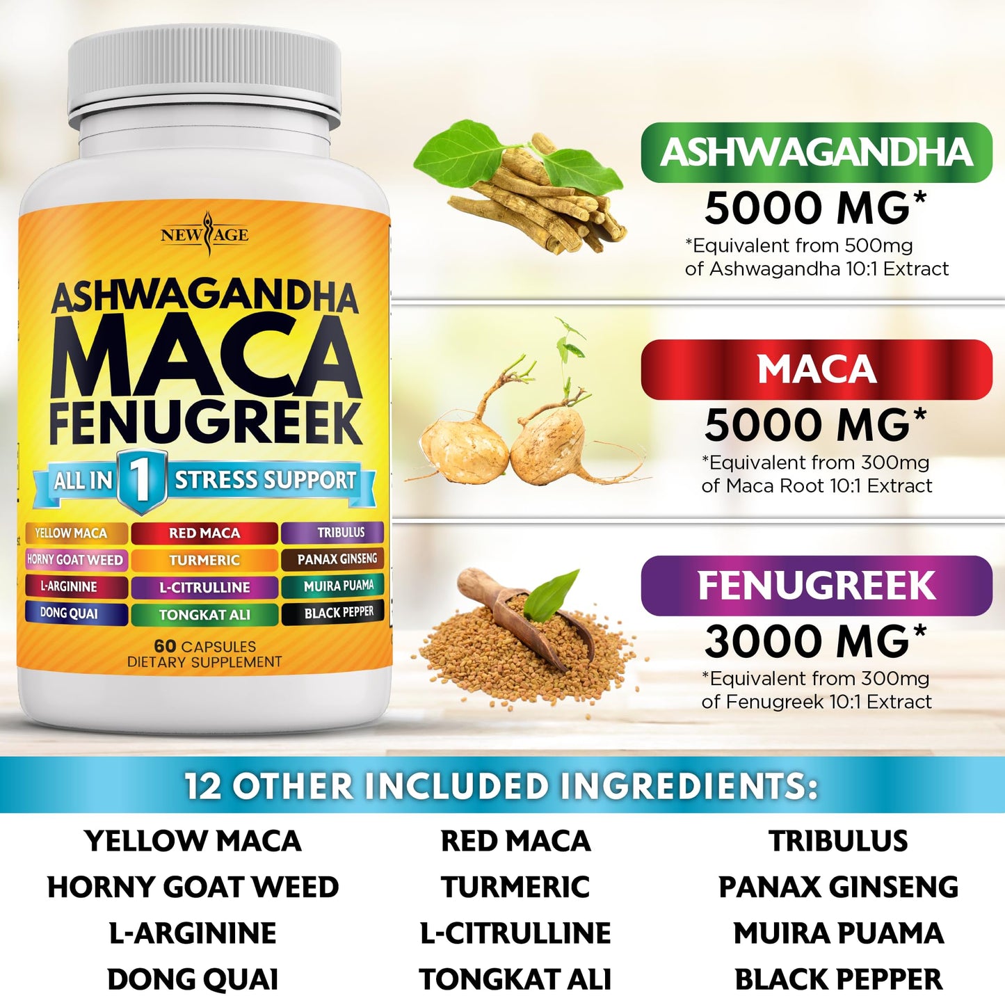 NEW AGE Ashwagandha Maca Root Fenugreek with Tongkat Ali & Ginseng | 120 Count | Made in USA