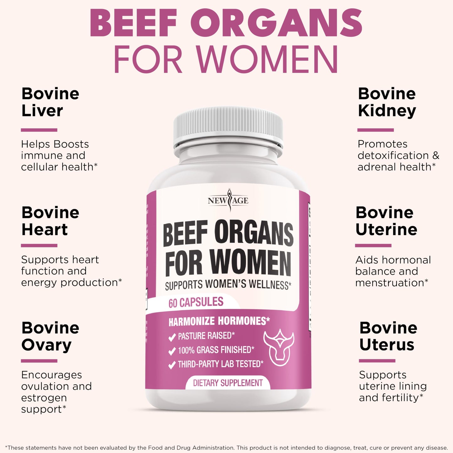 NEW AGE Beef Organ Supplement for Women – Grass-Fed Liver, Kidney, Heart & Uterus Tissue | 180 Capsules