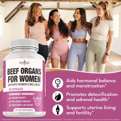 NEW AGE Beef Organ Supplement for Women – Grass-Fed Liver, Kidney, Heart & Uterus Tissue | 180 Capsules