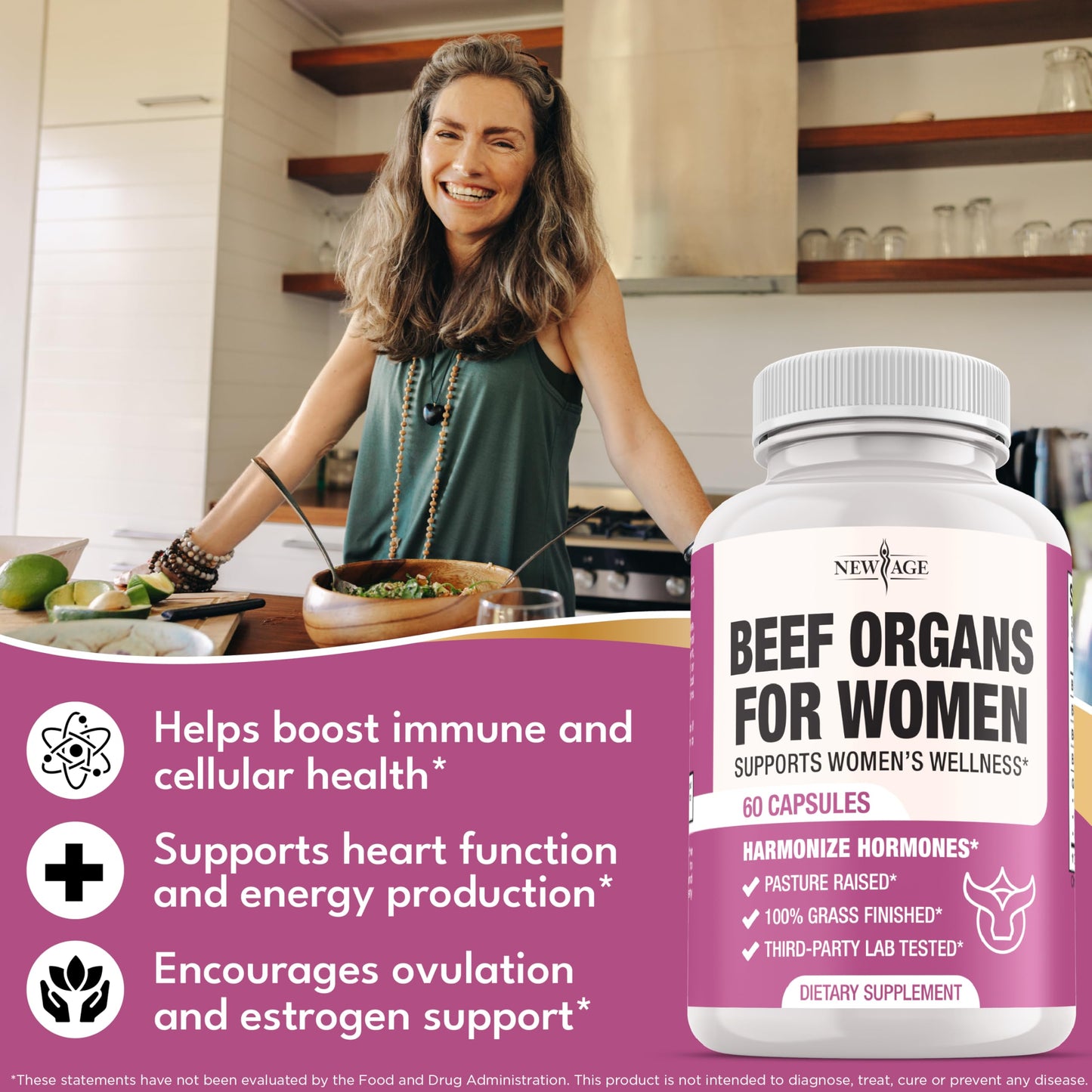 New Age Beef Organ Supplement for Women – Grass-Fed Liver, Kidney, Heart & Uterus Tissue | 120 Capsules