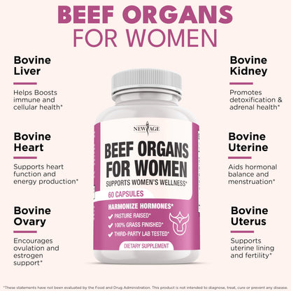 NEW AGE Beef Organ Supplement for Women - Grass-Fed, Pasture Raised - 60 Capsules