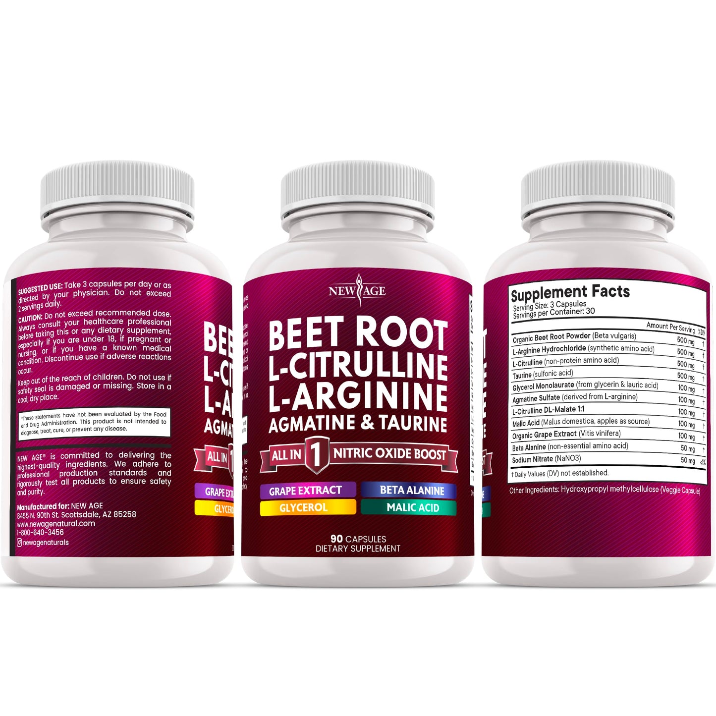 NEW AGE Beet Root Capsules - L-Arginine, L-Citrulline & Nitric Oxide Supplement – 90 Vegan Capsules