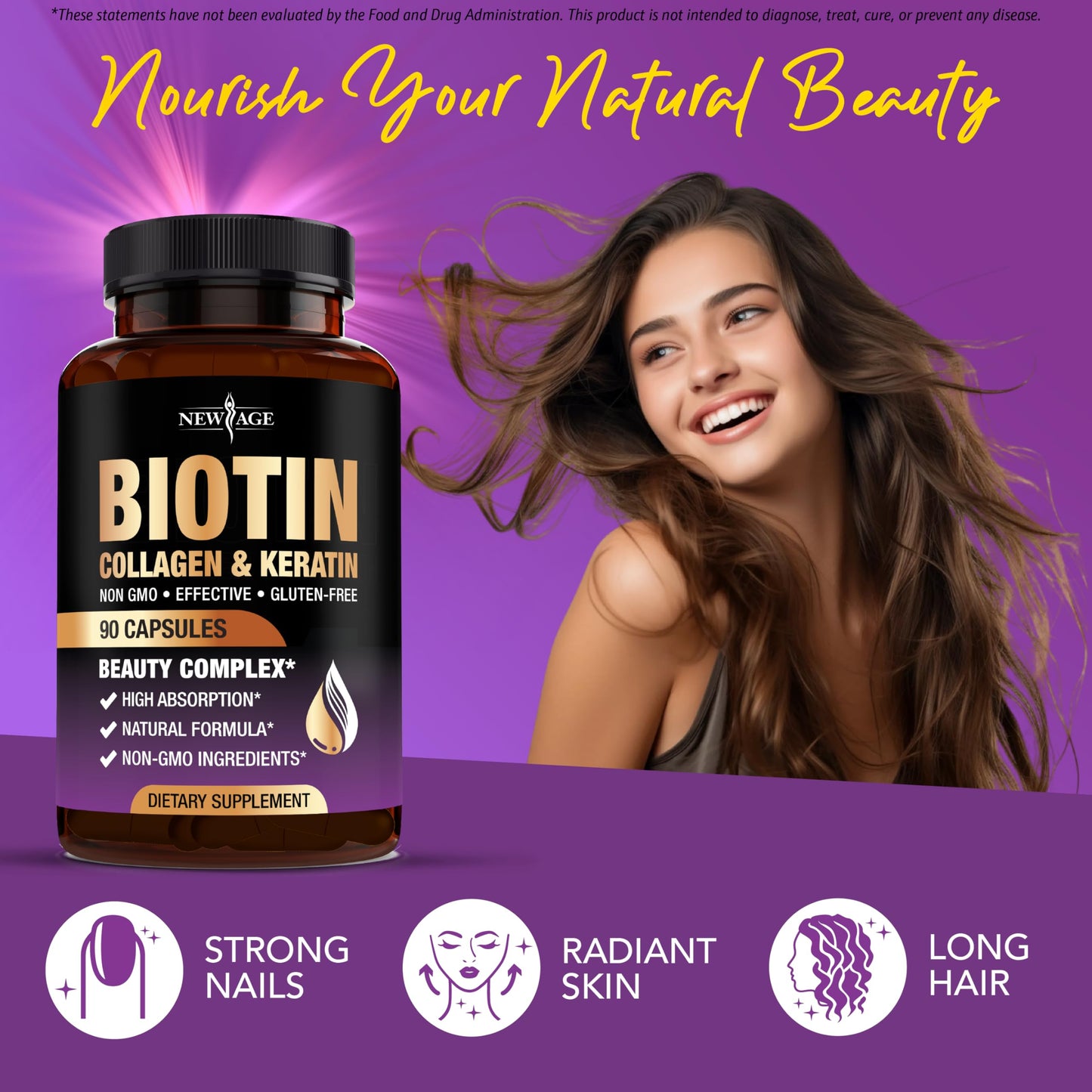 NEW AGE Biotin Collagen Keratin Hyaluronic Acid with DHT Blocker – 50,000mcg Hair Growth Vitamins (180 Count)