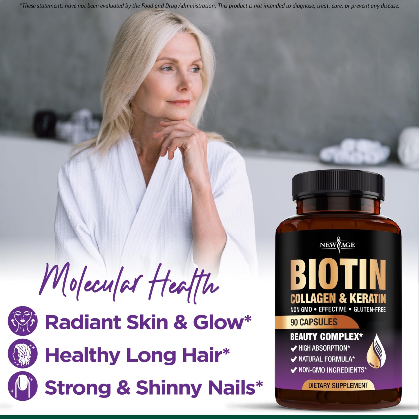 NEW AGE Biotin Collagen Keratin Hyaluronic Acid with DHT Blocker – 50,000mcg Hair Growth Vitamins (180 Count)