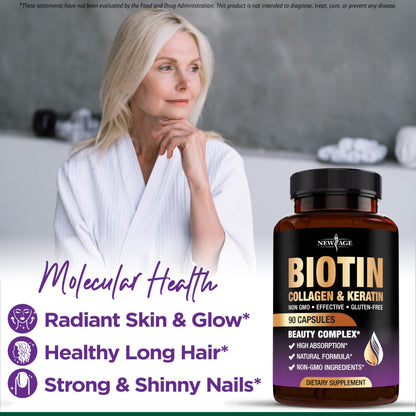 NEW AGE Biotin Collagen Keratin Hyaluronic Acid with DHT Blocker – 50,000mcg Hair Growth Vitamins (180 Count)