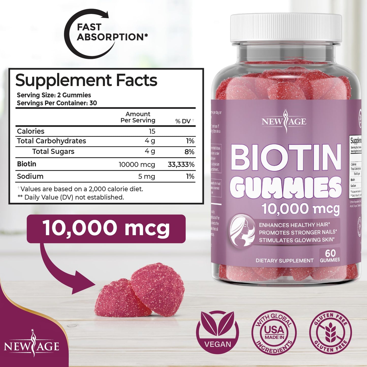 NEW AGE Biotin Gummies – Hair, Skin & Nails – 10,000 mcg – Non-GMO – Made in USA – 120 Count