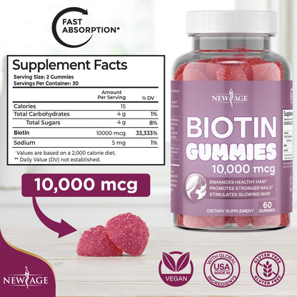 NEW AGE Biotin Gummies – Hair, Skin & Nails – 10,000 mcg – Non-GMO – Made in USA – 120 Count