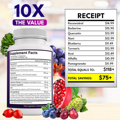 NEW AGE Resveratrol Berberine Grape Seed Polyphenol Supplement – 120 Capsules (Women & Men) with Noni, NAC & Acai