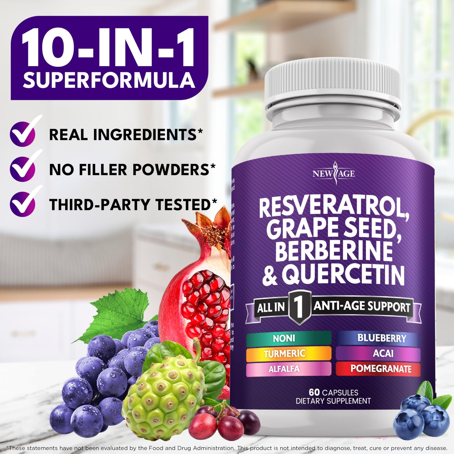 NEW AGE Resveratrol Berberine Grape Seed Polyphenol Supplement – 120 Capsules (Women & Men) with Noni, NAC & Acai