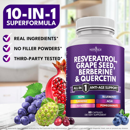 NEW AGE Resveratrol Berberine Grape Seed Polyphenol Supplement – 120 Capsules (Women & Men) with Noni, NAC & Acai