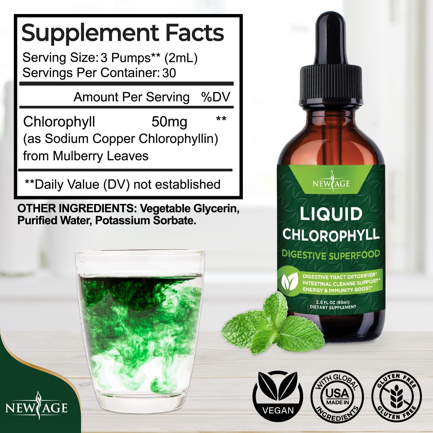 NEW AGE Chlorophyll Liquid Drops – Energy Booster, Digestion & Immune Support (2 Pack)