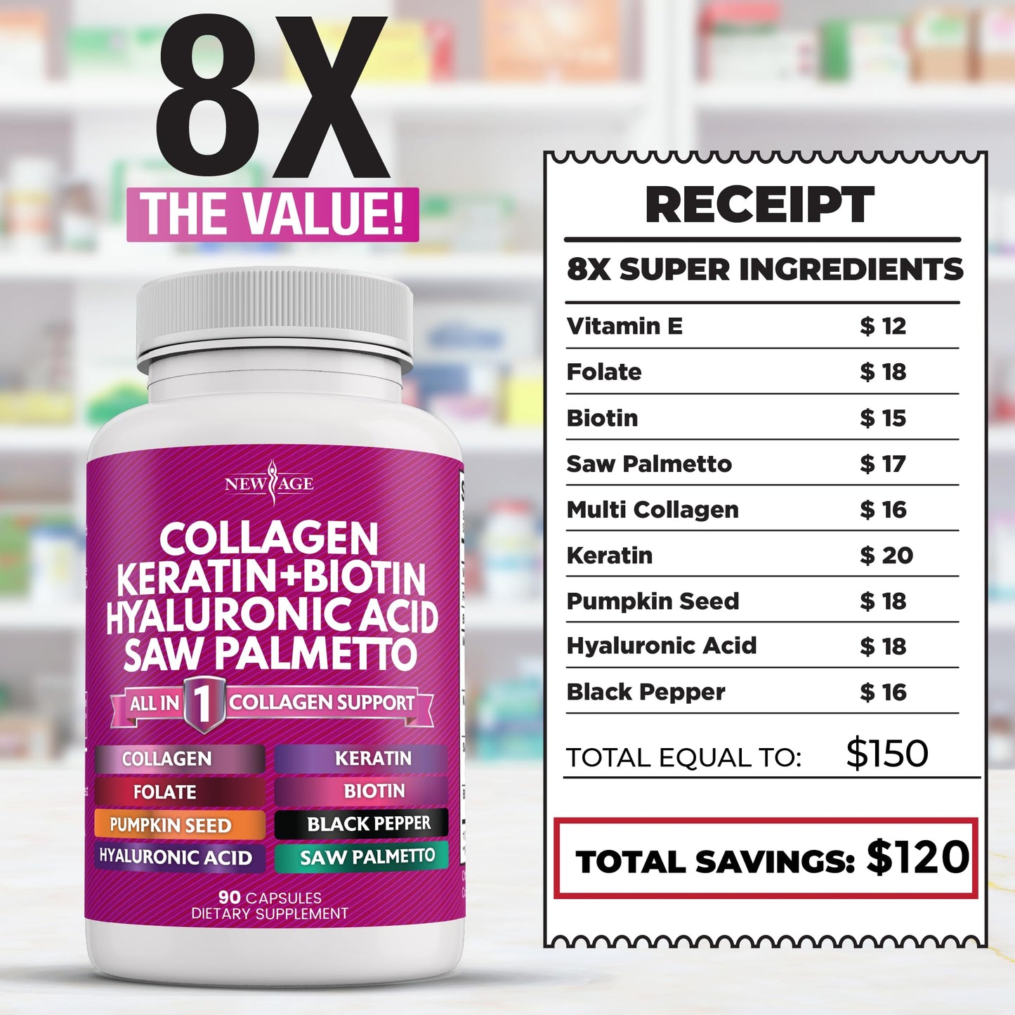 NEW AGE Collagen Pills with Biotin, Keratin & Saw Palmetto - 90 Count (Pack of 2)